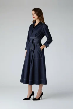 Jasper Conran Ella Denim Full Skirt Shirt Dress Blue Clearance